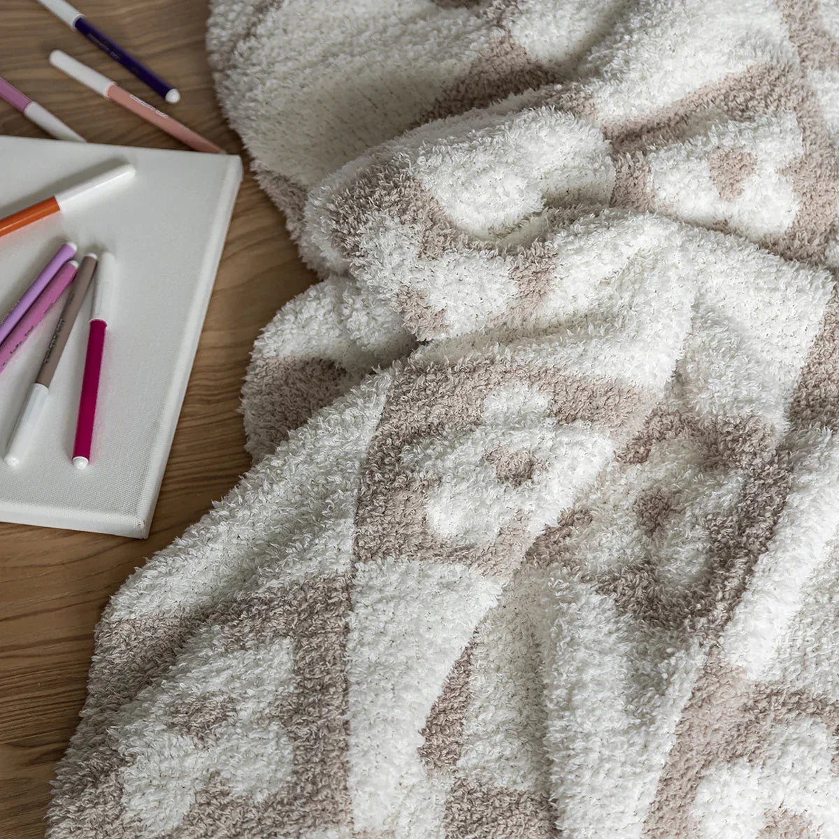 Blushing Beige & White Flower Power Print Toddler Blanket