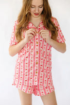 Pink Strawberry & Cherry Bows Adult Button Down Short Sleeve Pajama Top